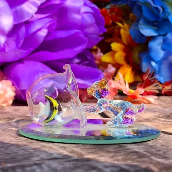 Hand blown Glass Cat and Fish Bowl - Picture 1 of 12
